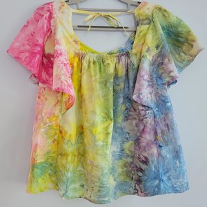 S Linen Flutter Sleeve Top, Rainbow Garden