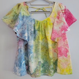 S Linen Flutter Sleeve Top, Rainbow Garden