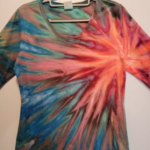 M Women's V-neck Long Sleeve T, Flamingo Burst