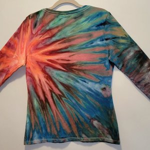 M Women's V-neck Long Sleeve T, Flamingo Burst