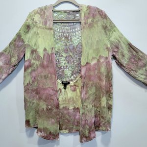 L 12 Crochet Back Kimono, Green Plum