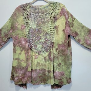 L 12 Crochet Back Kimono, Green Plum