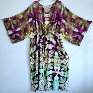 2X Kimono Robe, Eggplant & Avocado Shibori 