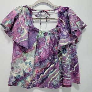 S Petite Linen Flutter Sleeve Top, Strawberry Skies Geode