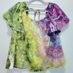 M Linen Flutter Sleeve Top, Purple & Green Geode