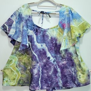 3X Linen Flutter Sleeve Top, Periwinkle Green Geode