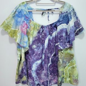 3X Linen Flutter Sleeve Top, Periwinkle Green Geode