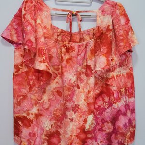 XL Linen Ruffle Sleeve Top, Flamingo