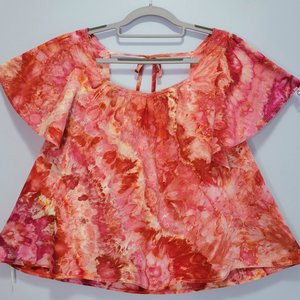 XL Linen Ruffle Sleeve Top, Flamingo