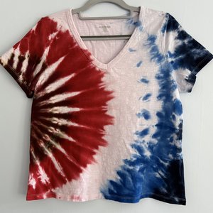 S (M) Petite V-neck Ladies T-Shirt, Red White, & Blue