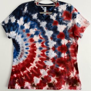 L Ladies V-neck T-Shirt, Red White, & Blue Ripple