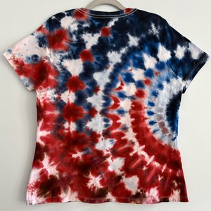 L Ladies V-neck T-Shirt, Red White, & Blue Ripple