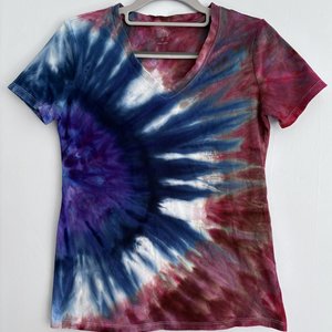 XS Ladies V-Neck T-Shirt, Red White, & Blue Splash