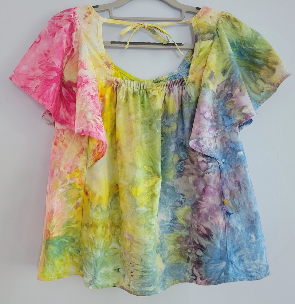 S Linen Flutter Sleeve Top, Rainbow Garden