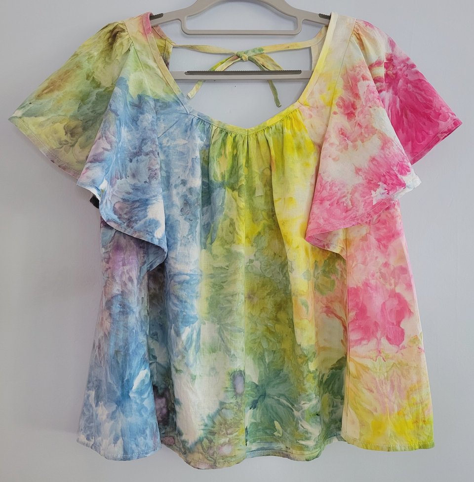 S Linen Flutter Sleeve Top, Rainbow Garden