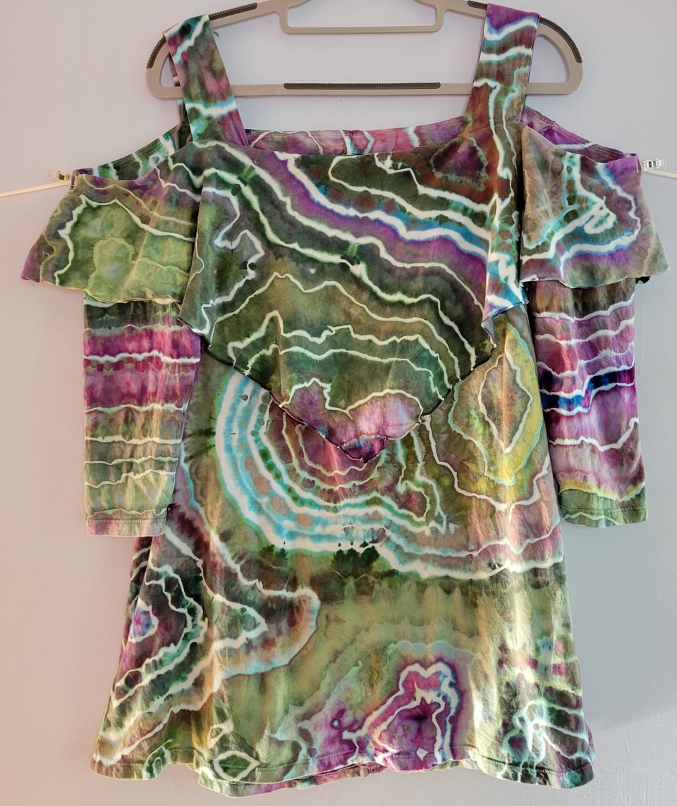 L Cold Shoulder Flutter Swing Top, Purple & Green Geode
