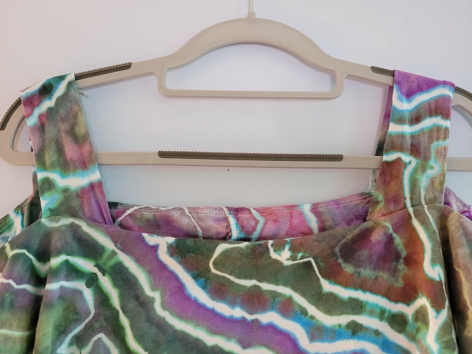 L Cold Shoulder Flutter Swing Top, Purple & Green Geode