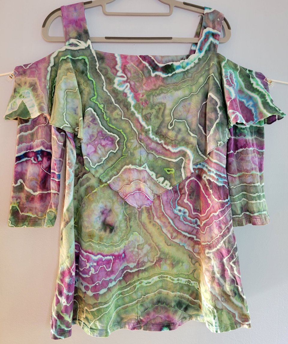 L Cold Shoulder Flutter Swing Top, Purple & Green Geode