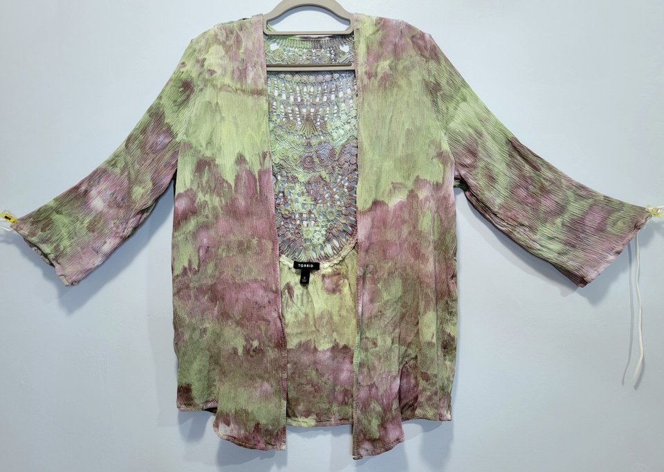 L 12 Crochet Back Kimono, Green Plum
