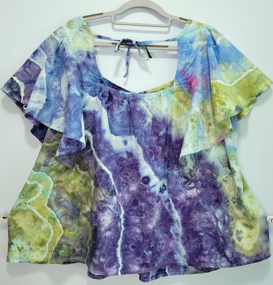 3X Linen Flutter Sleeve Top, Periwinkle Green Geode