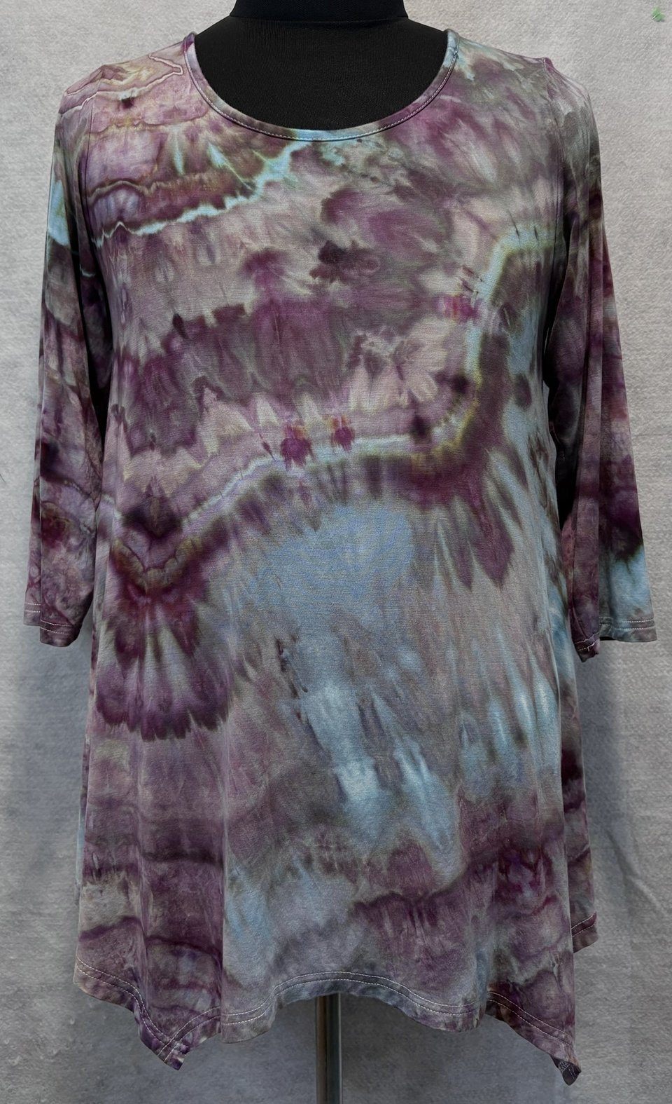 L Rayon 3/4 Sleeve Hanky Hem Tunic, Petrified Plum Wood