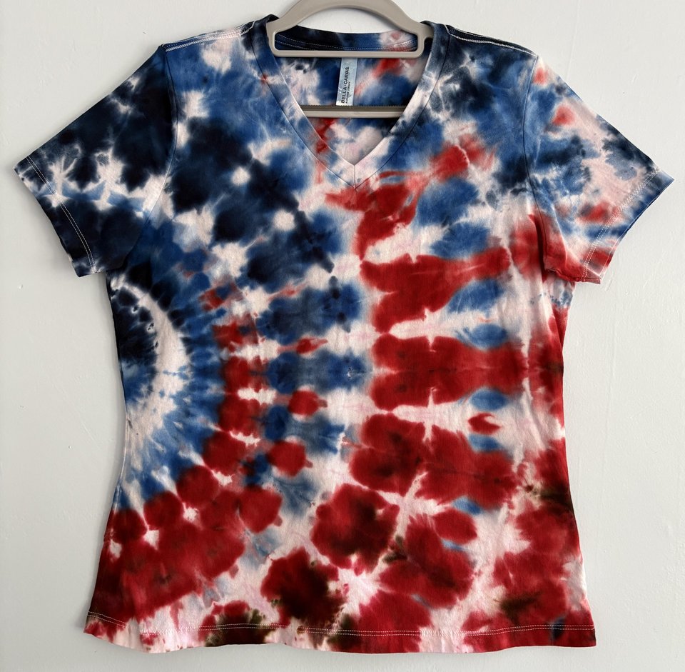 M Ladies V-neck T-Shirt, Red White, & Blue Ripple