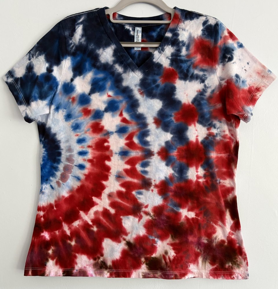 L Ladies V-neck T-Shirt, Red White, & Blue Ripple