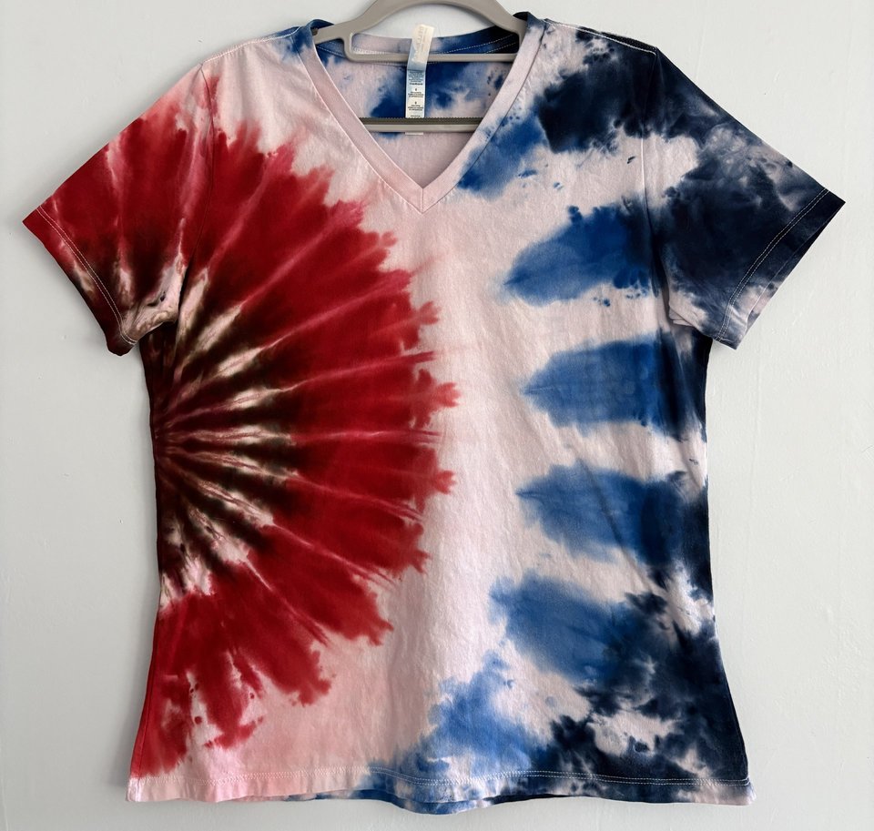L Ladies V-neck T-Shirt, Red White, & Blue