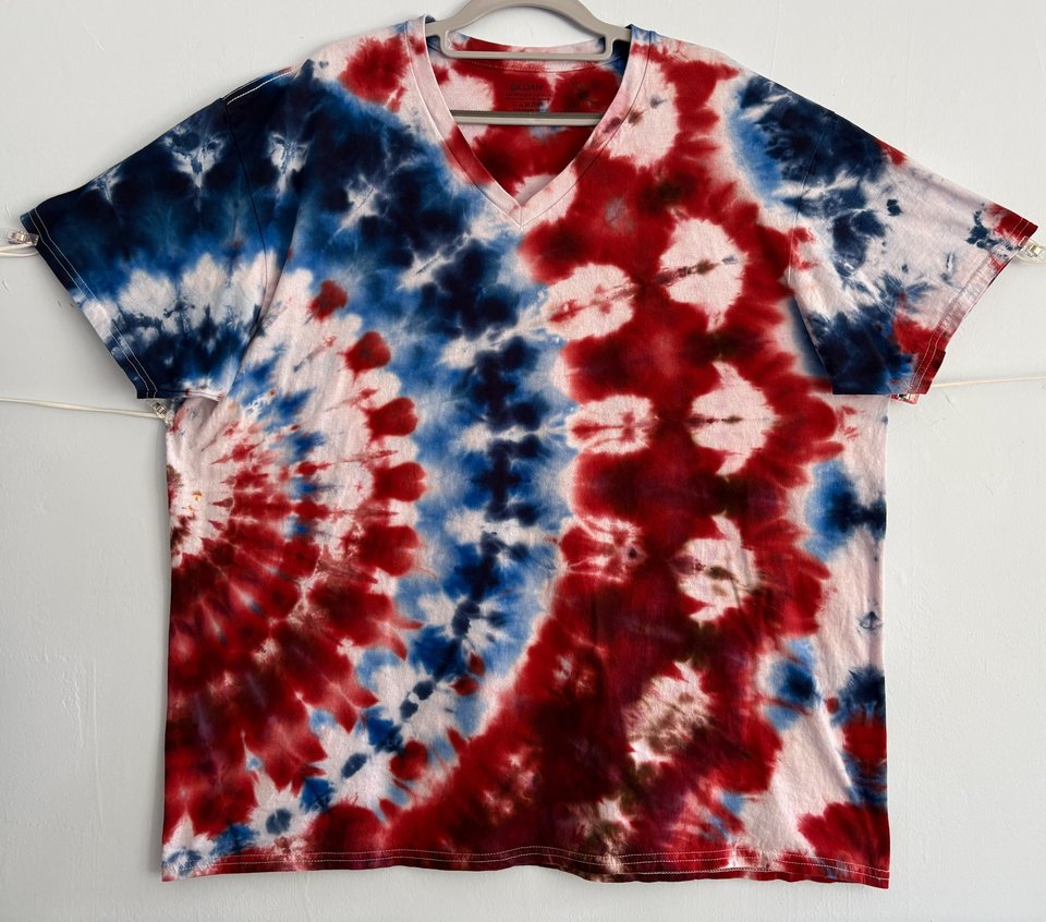 2XL Unisex V-neck T-Shirt, Red White, & Blue Ripple