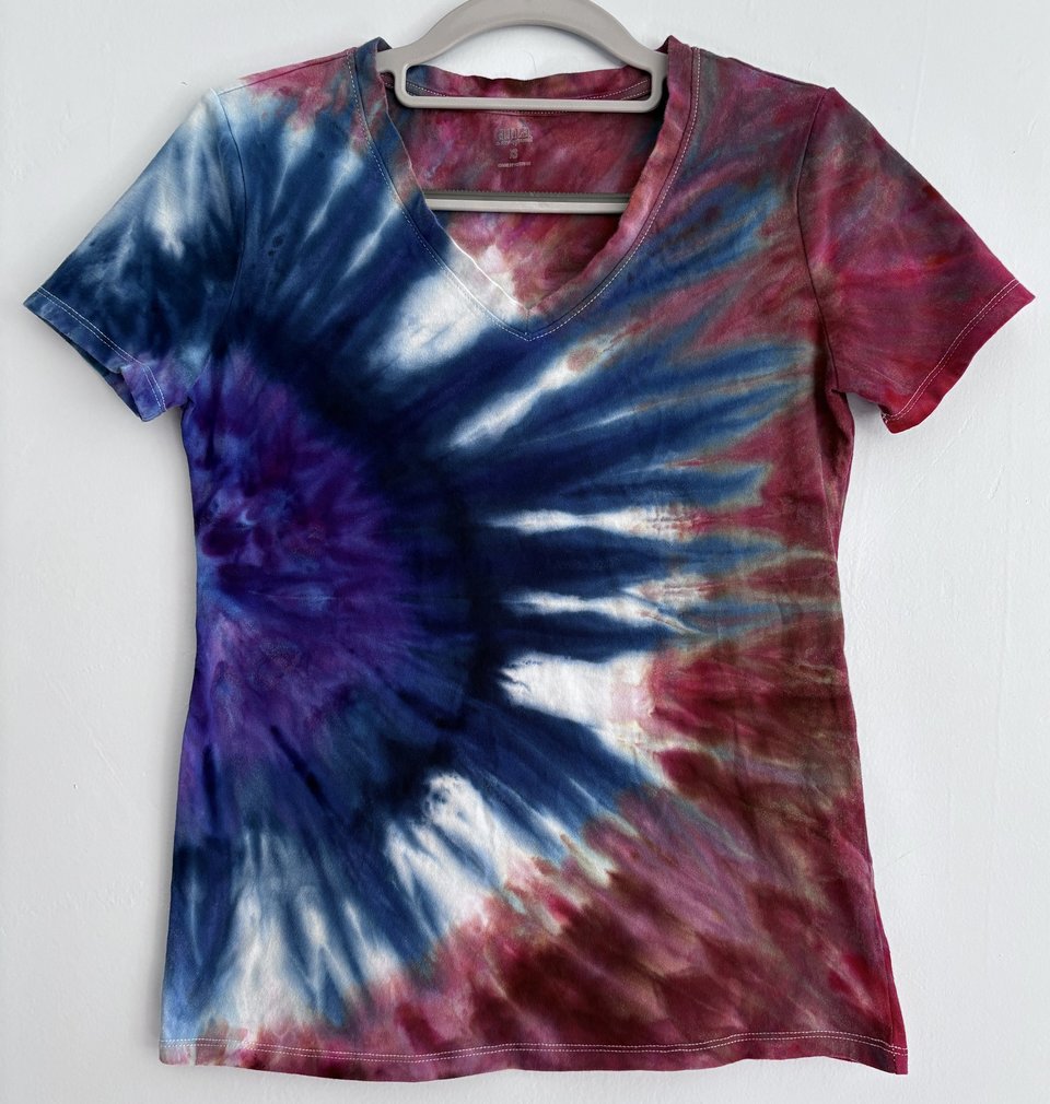 XS Ladies V-Neck T-Shirt, Red White, & Blue Splash