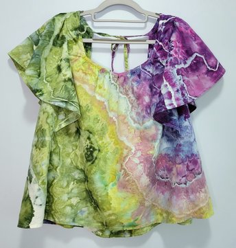 M Linen Flutter Sleeve Top, Purple & Green Geode