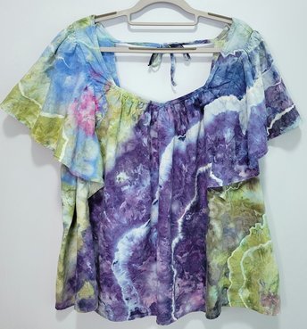 3X Linen Flutter Sleeve Top, Periwinkle Green Geode