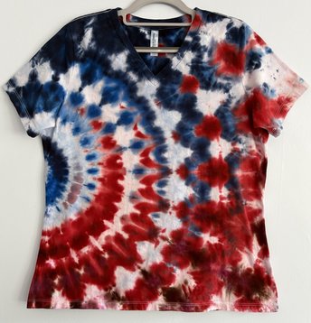 L Ladies V-neck T-Shirt, Red White, & Blue Ripple