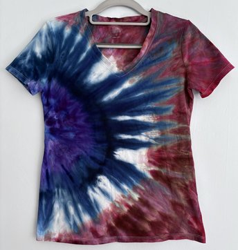 XS Ladies V-Neck T-Shirt, Red White, & Blue Splash