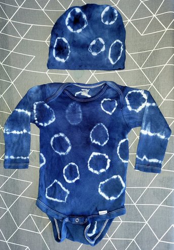 Onesie, 12 month long sleeve with matching beanie, Shibori style